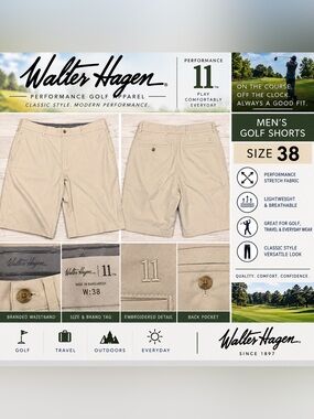 Walter Hagen Performance 11 Golf Shorts Men’s 38 Light Khaki
